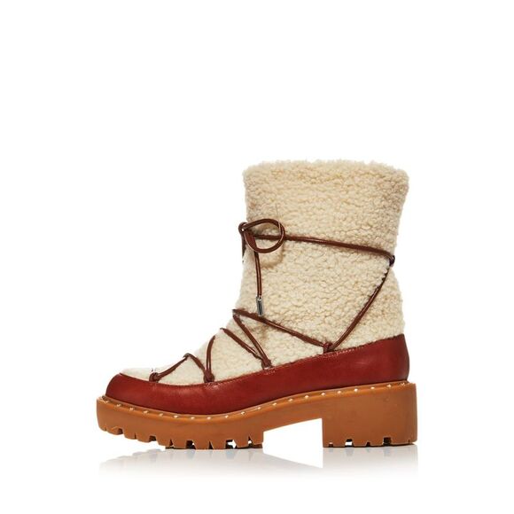 AQUA Shoes - AQUA Womens Brown Studded Fuzz Round Toe Block Heel Leather Snow Boots 5 M